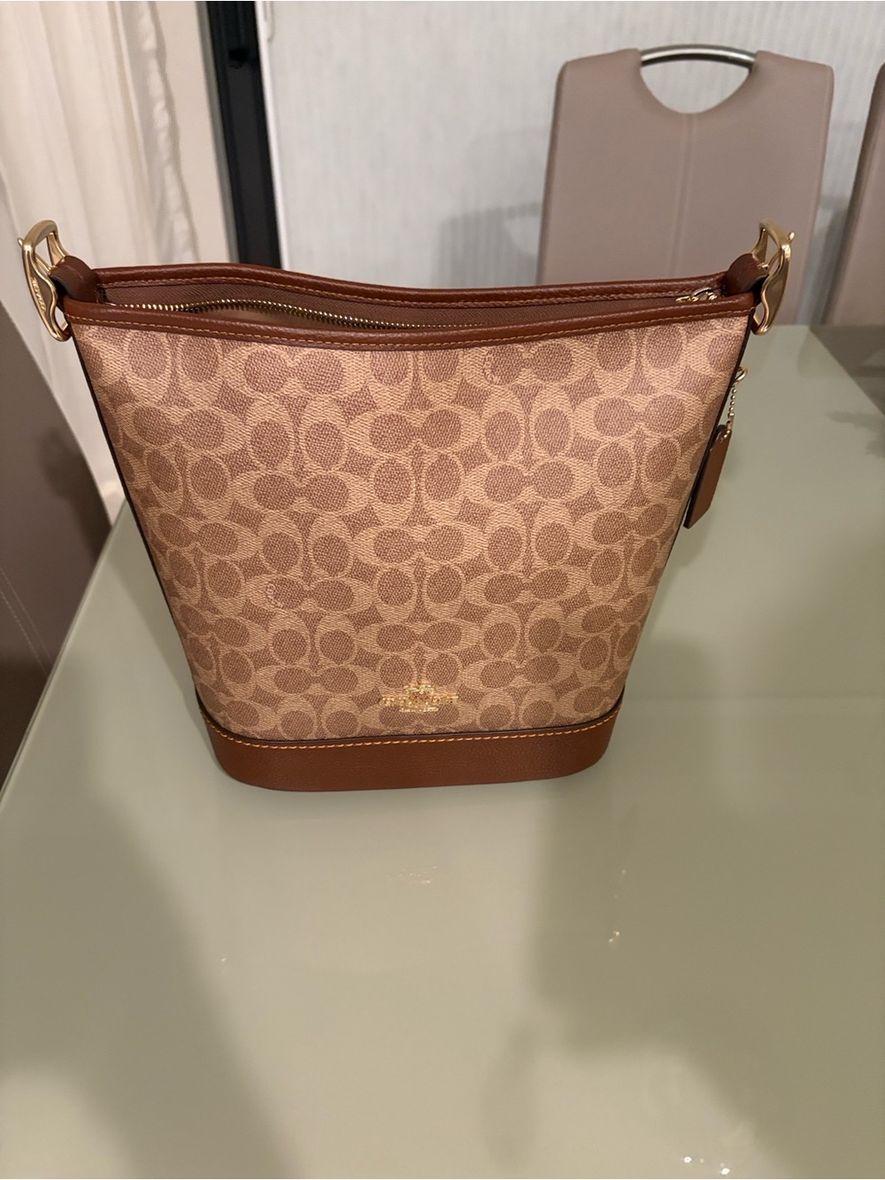 Coach Tan Signature Canvas Bucket Shoulder Bag with Brown Trim